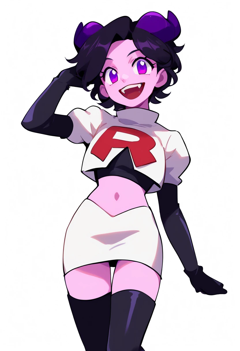 jellybean_yt, solo, looking at viewer, smile, short hair, open mouth, black hair, 1girl, white background, purple eyes, female focus, horns, teeth, colored skin, fangs, team rocket,team rocket uniform,white skirt,red letter R,crop top,black thigh-highs,black elbow gloves, source