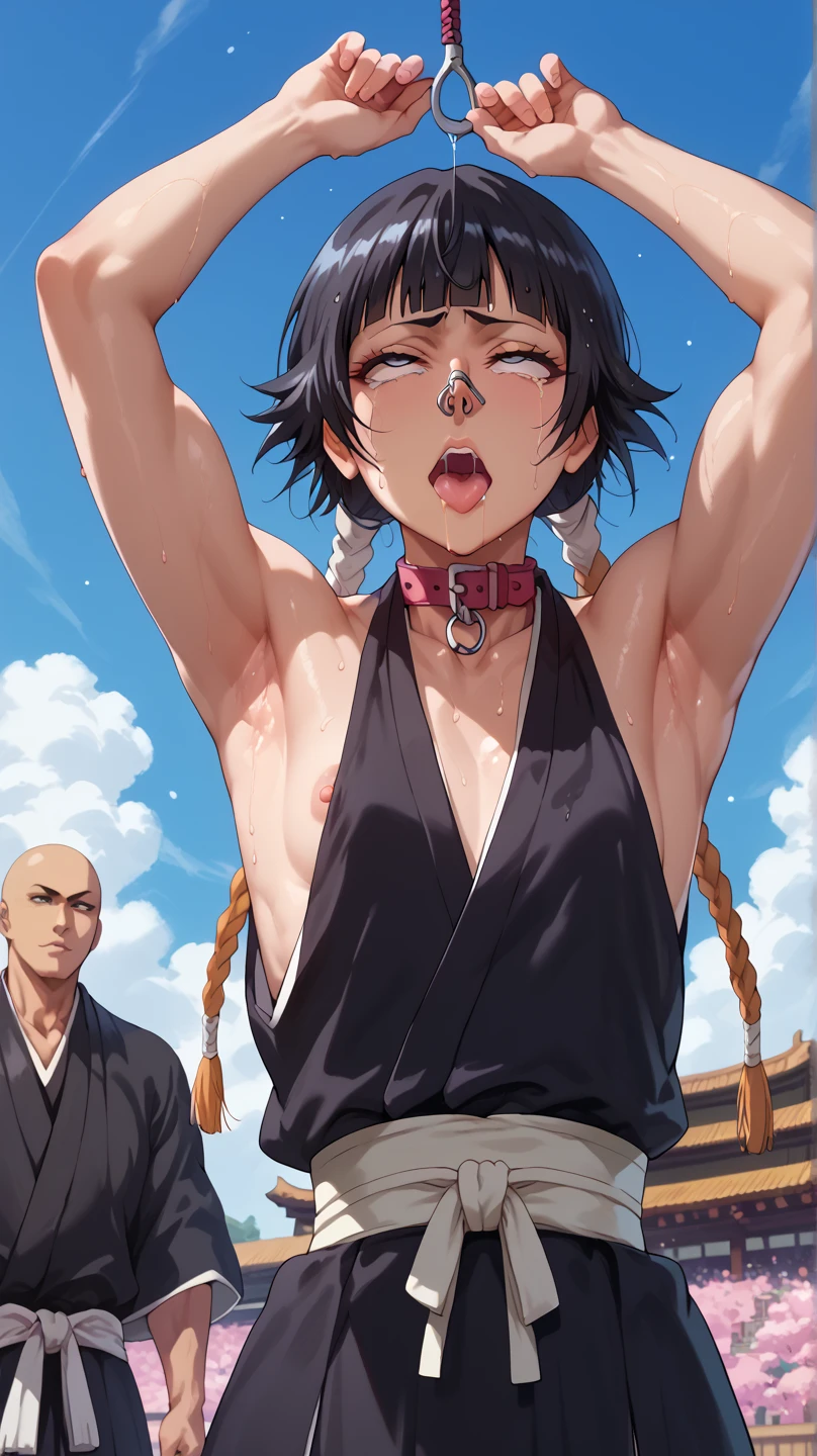 a picture, inspired by Kentaro Miura, trending on pixiv, soifon from bleach, black uniform, favorite scene, fine details, skins, sweating, small breasts, both hands raised, armpits, (small head),armpits visible, dripping with sweat, more more sweat, ((Japanese clothes)),open mouth,rolling eyes,muscle,kneel down,open legs,For the audience, (muscle:1.2),Looking at the audience, tired, (small breasts),sexy body,perfect body,(drooling), tears, head wet, runny nose, black hair, (dog collar) ,transparent nose hook.