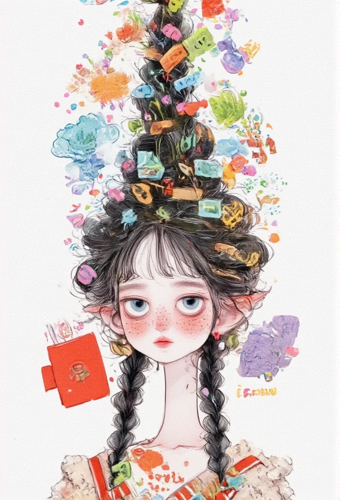        ((Christmas tree on her head)) anatomically correct hands)).  illustration、The fingers of the hand５Books、The Little Match Girl、Beautiful girl, Lovely adorable girl, beautiful logo on the back of the tarot card in the center of the white background， with a female eye ，The pupils are green，Reflects the dark forest ， with the head of a gray wolf and a house , painting \(medium\) , night, sky and galaxy,  One star                 \(Sky\),                 One star                 \(symbol\),     watercolor \(medium\),  lots of white background and tarot frame  、　beautiful flower garden on her head 