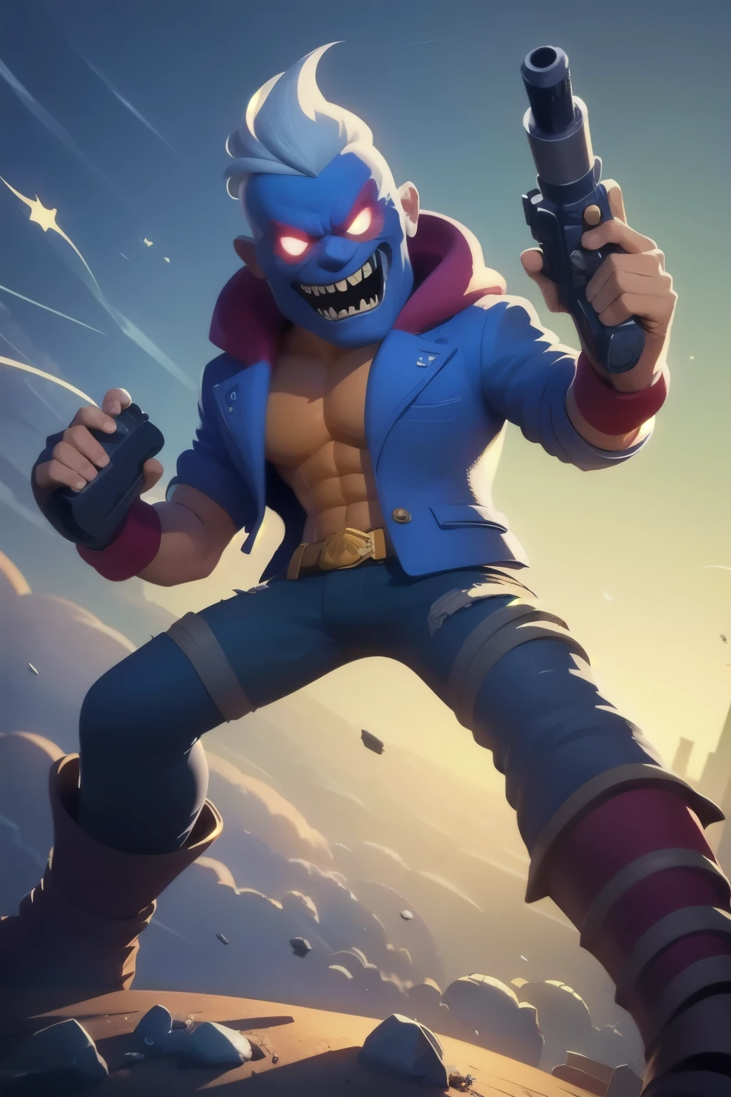 a close up of a person holding a gun and a flashlight, ((Eddie a Iron maiden mascot, Monster, horror)) , brawl stars, splash art brawlstars, epic art style, blaster fire bright as neon, game character, in game style 8k, merged character, fortnite art style, stylized character, holding a blaster, slick clammy skin, clash royal style characters, mobile game style, new character