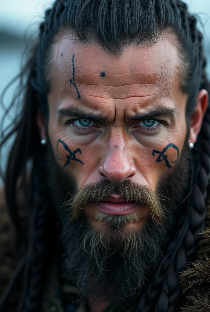 cinematic photo Close-up of ((man)) as Kratos god of war, emerging from black mud, long hair with dreads, war blue paint, paint fading, angry expression, dirty face, finely detailed eyes, moody, viking clothes