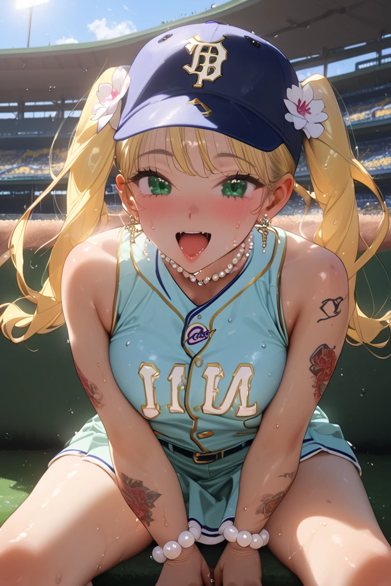 ((masterpiece, best quality, high resolution, UHD, pixel perfect, depth of field, 32k)), 1 girl, (Julieta starling, two long pigtails, animator, crop top,under breast, clothing writing, ((blue pencil miniskirt)), details eyes, big breast, tits, erect nipples, fall in love, white panties, blushing,shiny skin , wet skin, dripping water all over the body, thighs, belt, wristband, midriff, blonde hair, blue eyes:1.3)(School gym, wink, happy), BREAK, leaning forward and blowing a kiss to the viewer