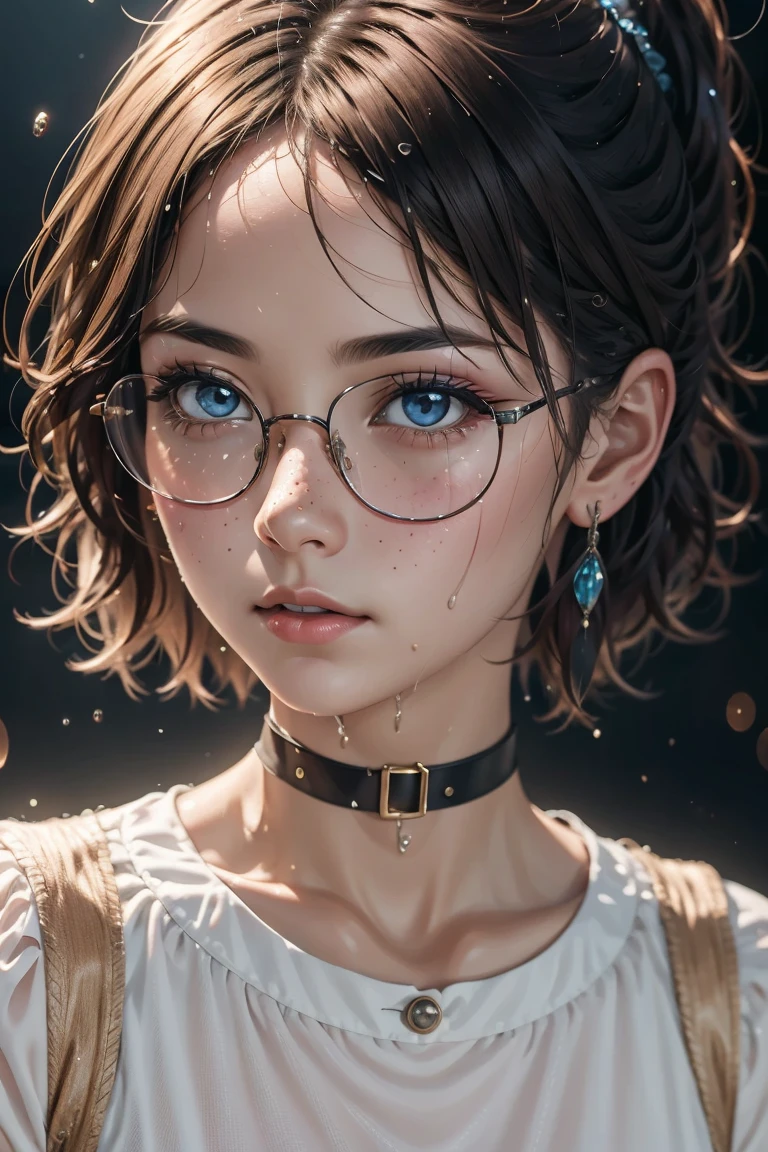 1girl, detailed background, atmospheric, hair flowing in the wind,, auburn hair in ponytail, wearing see through wet white clothes, mesh, tan skin, oily skin, wet hair, freckles, blue eyes, goth makeup, floating particles, backlightinasterpiece))), (((masterwork))), ((top quality)), ((best quality)), ((highest quality)), ((highest fidelity)), ((highest resolution)), ((highres)), ((highest detail)), ((highly detailed)), ((hyper-detailed)), (((detail enhancement))), ((deeply detailed)), awe inspiring, breathtaking, uhd, hdr, fhd, 8k, 16k, 32k, k, meticulous, intricate, intimate, nuanced, (((the most beautiful images in existence))), (((the most beautiful artwork in the world))), (RAW photo, film grain), caustics, subsurface scattering, reflections, photorealistic, 35mm, , natural skin texture, hyperrealism, sharp, glasses, medium hair, choker