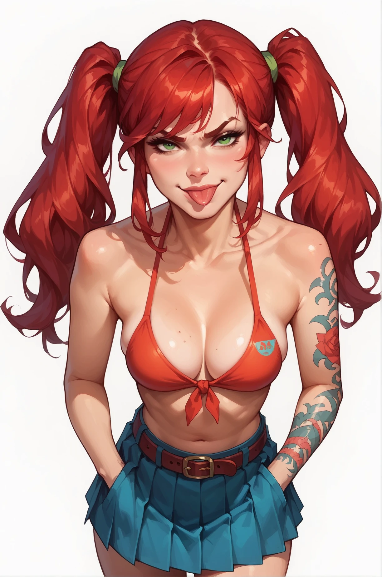 tattoo girl, very beautiful, murderous, Harley Quinn, crazed look, dark background, 8K, dynamic wallpaper, very delicate, very dense, creepy smile, close up to camera, dripping red one piece swimsuit, red sky beach background, crawling
