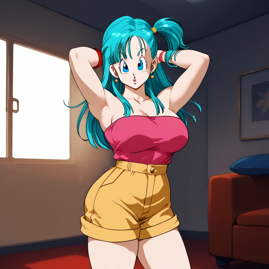 Bloomers,(  Dragon Ball\),  long hair, one side up, Suburban_cut,  aqua hair, blue eye watch ,  pink tube top,  neckline ,   Bare shoulders ,  strapless ,   Hair Ties  ,  wristband ,   brown shorts  , clavicle,   Interior Room   ,   Curvy young woman  ,  Big breasts and big ass ,   standing with her arms raised, Clench your fist ,   showing her armpits 