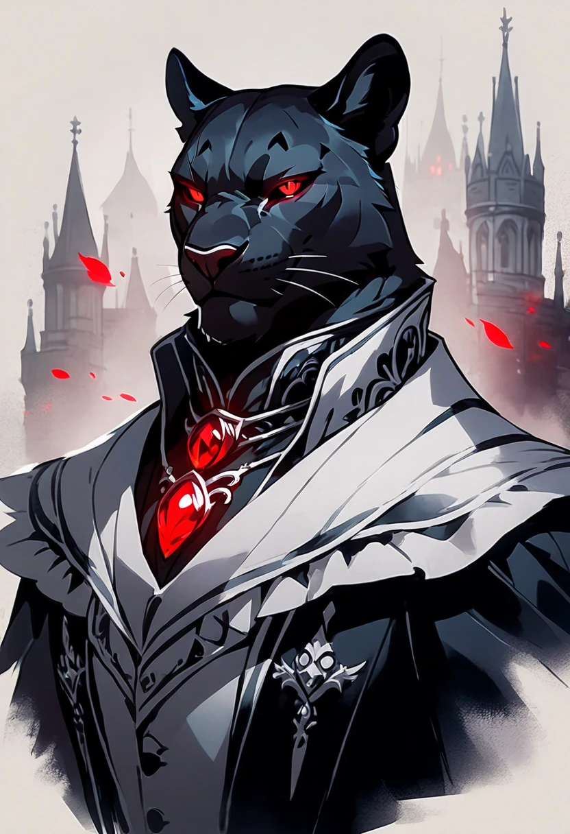 handsome anthropomorphic black panther with red glowing eyes wearing a black butlers suit, elegant, medieval fantasy vibes, light novel art, black sleek pelt, villain, gothic victorian, detailed furry art, cool, sexy, masculine, butler suit, evil smirk, arrogant, toned body, evil