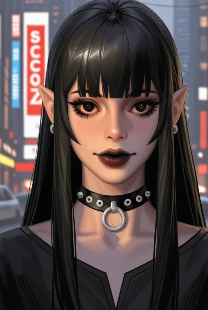 a medium shot of a woman with a black hair and a black top, a character portrait inspired by Yanjun Cheng, trending on cg society, city in the background, gothic art, artwork in the style of guweiz, guweiz, gothic girl face, cruel korean goth girl, cute face. dark fantasy, black shirt and choker, androgynous vampire, 1 7 - year - old anime goth girl