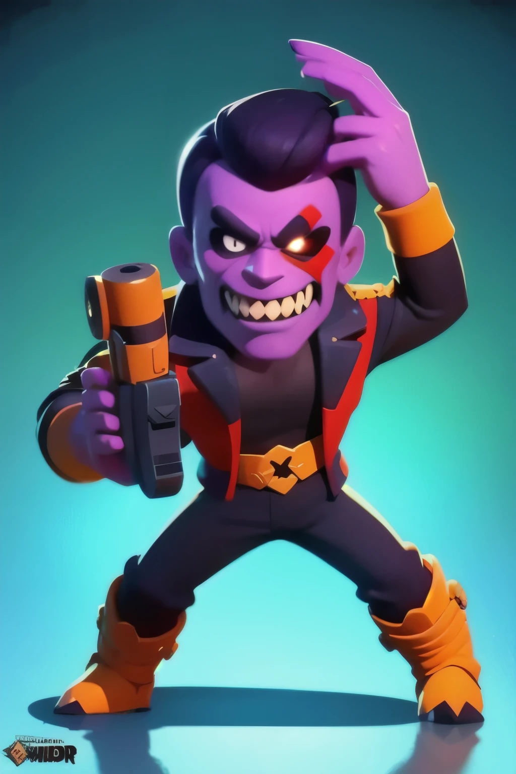 full body view of a cyborg, having muscular green arms, a white skull of a living human, a glass bubble around the human skull, its body is cylindrical, brawl, brawl stars