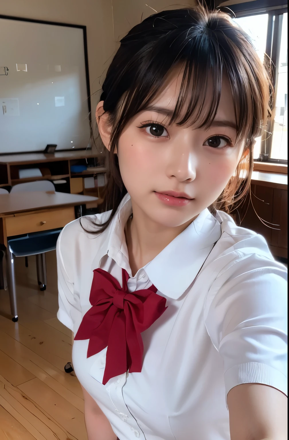 (masterpiece:1.2), Japanese, (s old), (a girl), (Collared shirt), (skirt), (bow tie), on a bed, smiling, tits, (close up to face), (scrunchie),