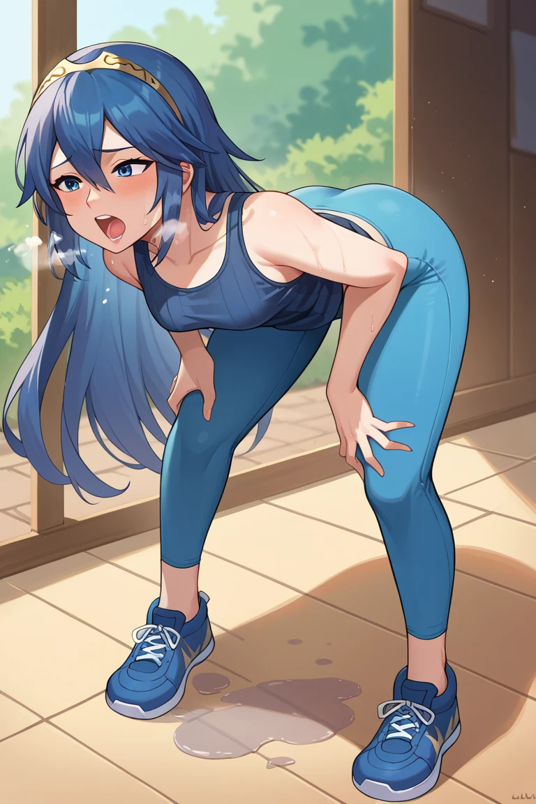 score_9, score_8_up, score_7_up, score_6_up, source_anime BREAK 1girl,  Lucina, dark blue tanktop, blue yoga pants, blue shoes, hands on hips, open mouth, out of breath, sweaty, sexy, exhuasted, steam coming out of her mouth, full body, puddle of sweat