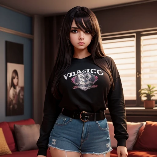 (parte maestra, mejor calidad), 1 chica, hermoso rostro, Samsung solo, camiseta deportiva amarilla, (parte superior del cuerpo), ojos azules, pantalones cortos ajustados, (fino grueso), Curvaceous Body, (delgado), (tetas enormes