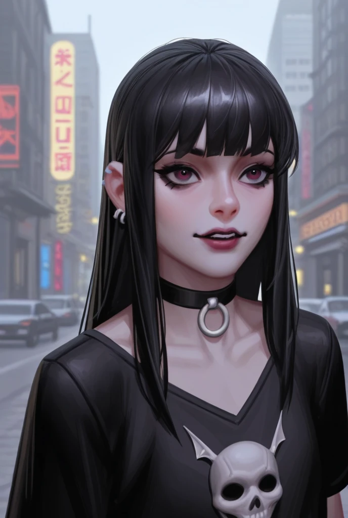 a medium shot of a woman with a black hair and a black top, a character portrait inspired by Yanjun Cheng, trending on cg society, city in the background, gothic art, artwork in the style of guweiz, guweiz, gothic girl face, cruel korean goth girl, cute face. dark fantasy, black shirt and choker, androgynous vampire, 1 7 - year - old anime goth girl