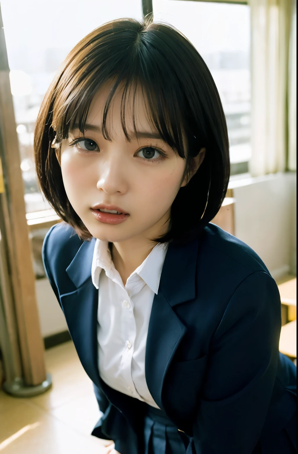 1girl,black-framed glasses,leaning forward,Perfect hands,panty pull,school uniform,shortcut hair,Navy blue blazer,pleated skirt,tongue out,Looking Down and Sleepy,school background,warm sunset lighting,bright and energetic atmosphere,detailed face,beautiful detailed eyes,beautiful detailed lips,extremely detailed eyes and face,long eyelashes,photorealistic,8k,best quality,masterpiece,highly detailed,vibrant colors,cinematic lighting,soft focus