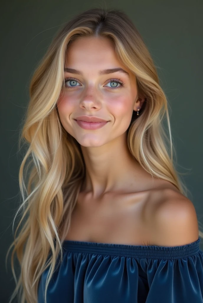22 year old very attractive and beautiful blonde woman model, smiling with dimples on cheeks, prominent big green eyes, thin and attractive nose, very high quality image, high detail face close up photo