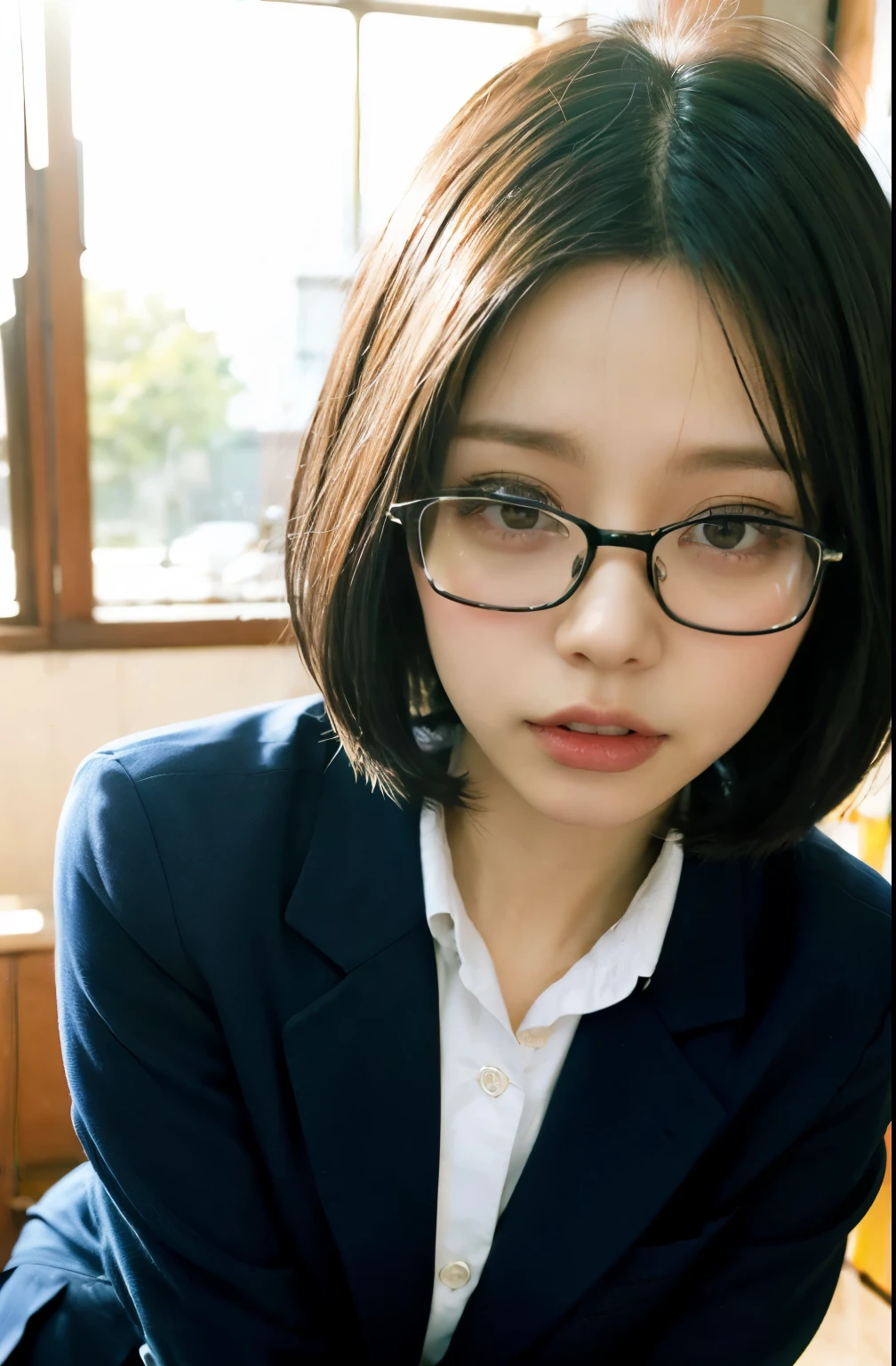 1girl,black-framed glasses,leaning forward,Perfect hands,panty pull,school uniform,shortcut hair,Navy blue blazer,pleated skirt,tongue out,Looking Down and Sleepy,school background,warm sunset lighting,bright and energetic atmosphere,detailed face,beautiful detailed eyes,beautiful detailed lips,extremely detailed eyes and face,long eyelashes,photorealistic,8k,best quality,masterpiece,highly detailed,vibrant colors,cinematic lighting,soft focus