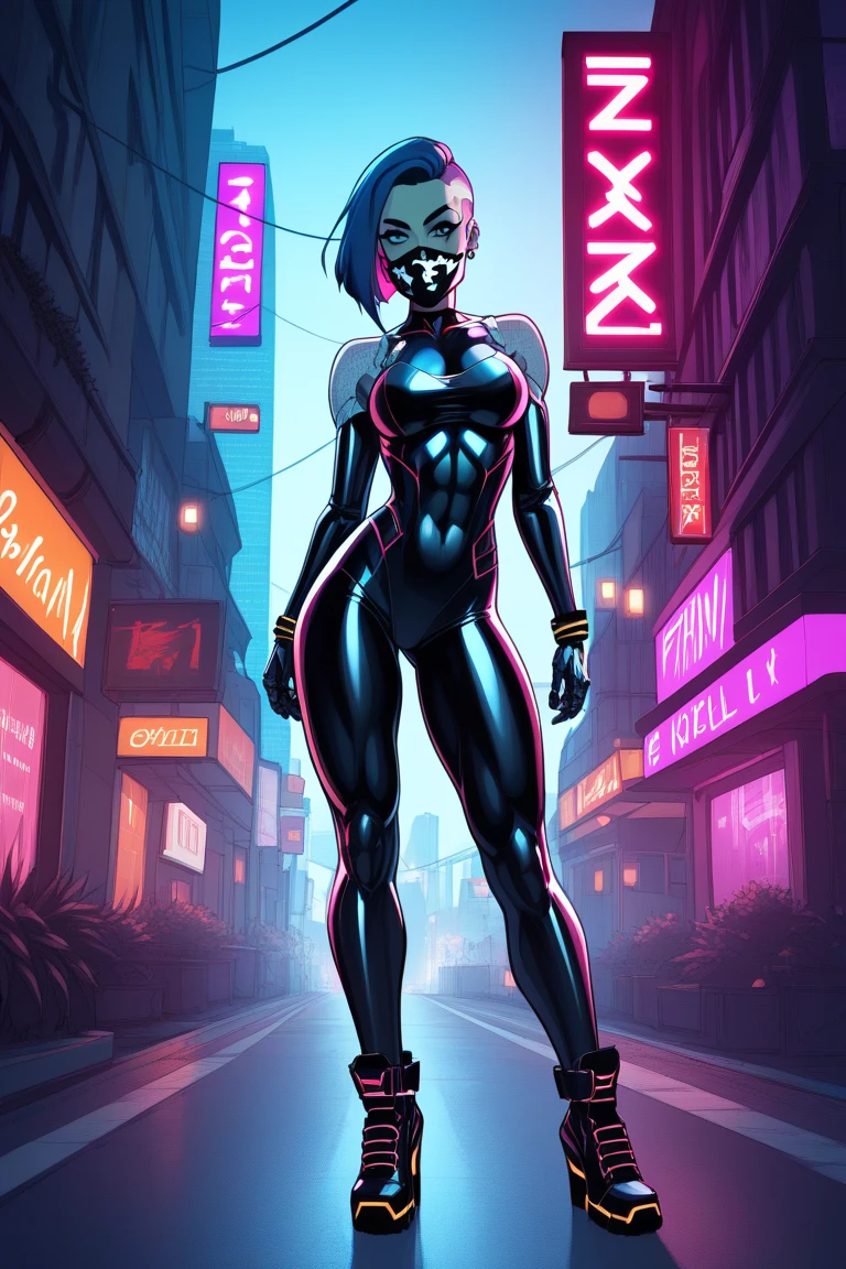 # Theme
A cyberpunk female android in a futuristic neon-lit urban environment.

# Overall Composition
- **Central Focus**: The cyberpunk female android is the central figure, prominently displayed with sleek cybernetic enhancements and a confident stance.
- **Background**: The background features a busy street filled with neon signs, vibrant holograms, and futuristic architecture, creating a moody, dynamic cyberpunk atmosphere.
- **Foreground**: The foreground includes detailed elements such as the android's robotic arms, metallic torso, and glowing neon face mask, adding depth and realism to the scene.

# Character Details
- **Appearance**:
  - **Pose**: The android stands confidently, with a strong, assertive stance, showcasing her cybernetic enhancements.
  - **Cybernetic Enhancements**:
    - **Robotic Arms**: Sleek, metallic arms with intricate details and glowing elements.
    - **Torso**: An intricate metallic torso with visible mechanical components and glowing accents.
    - **Face Mask**: A glowing neon face mask integrated with high-tech features, such as digital displays and sensors.
  - **outfit**: A skimpy latex bodysuit
  - **Physique**: A slim, huge roung brests, blending advanced robotics with human aesthetics.
  - **Hairstyle**: pixie cut hairstyle, adding to the overall cyberpunk aesthetic.
  - **Accents**: Vibrant glowing accents on the android's body, enhancing the futuristic look.

# Environment Details
- **Street and Architecture**:
  - **Neon Signs**: Bright, vibrant neon signs illuminating the street and buildings.
  - **Holograms**: Vibrant holograms displaying advertisements and information, adding to the futuristic atmosphere.
  - **Architecture**: Futuristic buildings with sleek, metallic surfaces and advanced technological features.
- **Atmosphere**:
  - **Mood**: A moody, dynamic cyberpunk atmosphere, with a sense of advanced technology and urban decay.
  - **Elements**: The street is filled with futuristic vehicles, pedestrians, and v