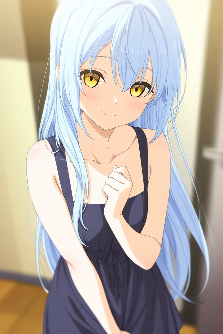 masterpiece,  top quality ,  High Definition CG Unity 8K Wallpaper ,  One Girl ,  Anime Screenshot 、 depth of field ,  light blue hair,  yellow eyes, oops pie、normal size、 masturbation、 long hair、erotic、 best smile 