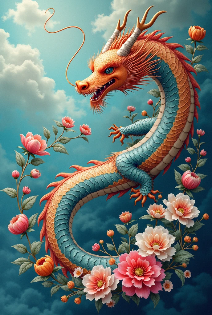 in style of Beeple,Symbolic symbols of plants, minimalist style, Chinese dragon totem art illustration, laser diffuse gradient metal color scheme, New surreal poster design, bold prints, Metal relief, dual tone, solid background, Cloud Pattern chinese, Lotus Pattern, Fang Sheng pattern, 8k, UHD, best quality, highres