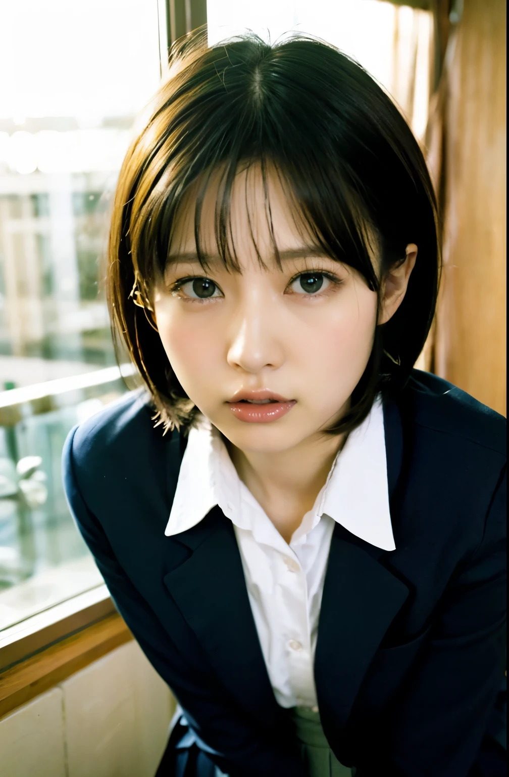 1girl,black-framed glasses,leaning forward,Perfect hands,panty pull,school uniform,shortcut hair,Navy blue blazer,pleated skirt,tongue out,Looking Down and Sleepy,school background,warm sunset lighting,bright and energetic atmosphere,detailed face,beautiful detailed eyes,beautiful detailed lips,extremely detailed eyes and face,long eyelashes,photorealistic,8k,best quality,masterpiece,highly detailed,vibrant colors,cinematic lighting,soft focus