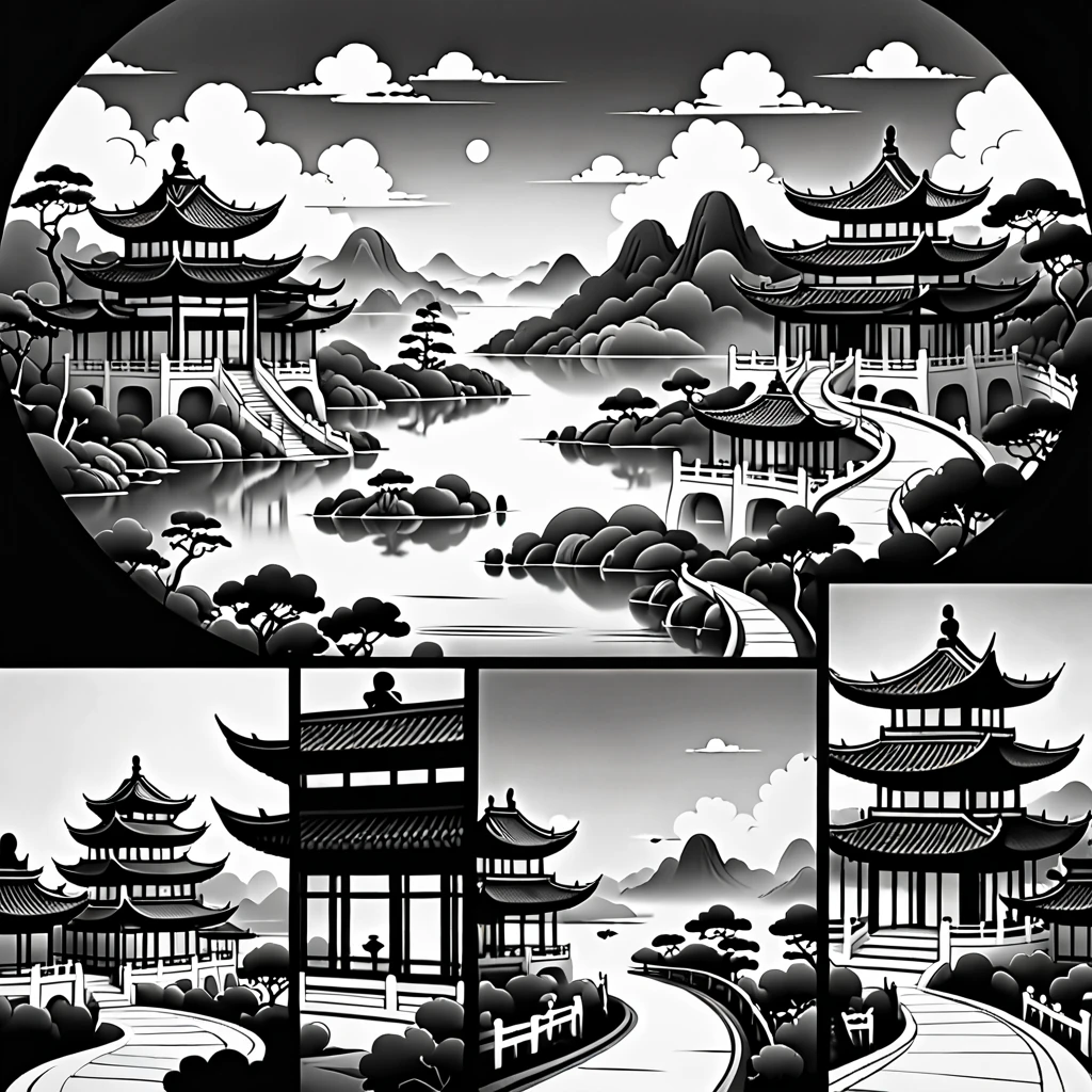 black and white cartoon ,4 scene photos  、 The final frame is Chinese style