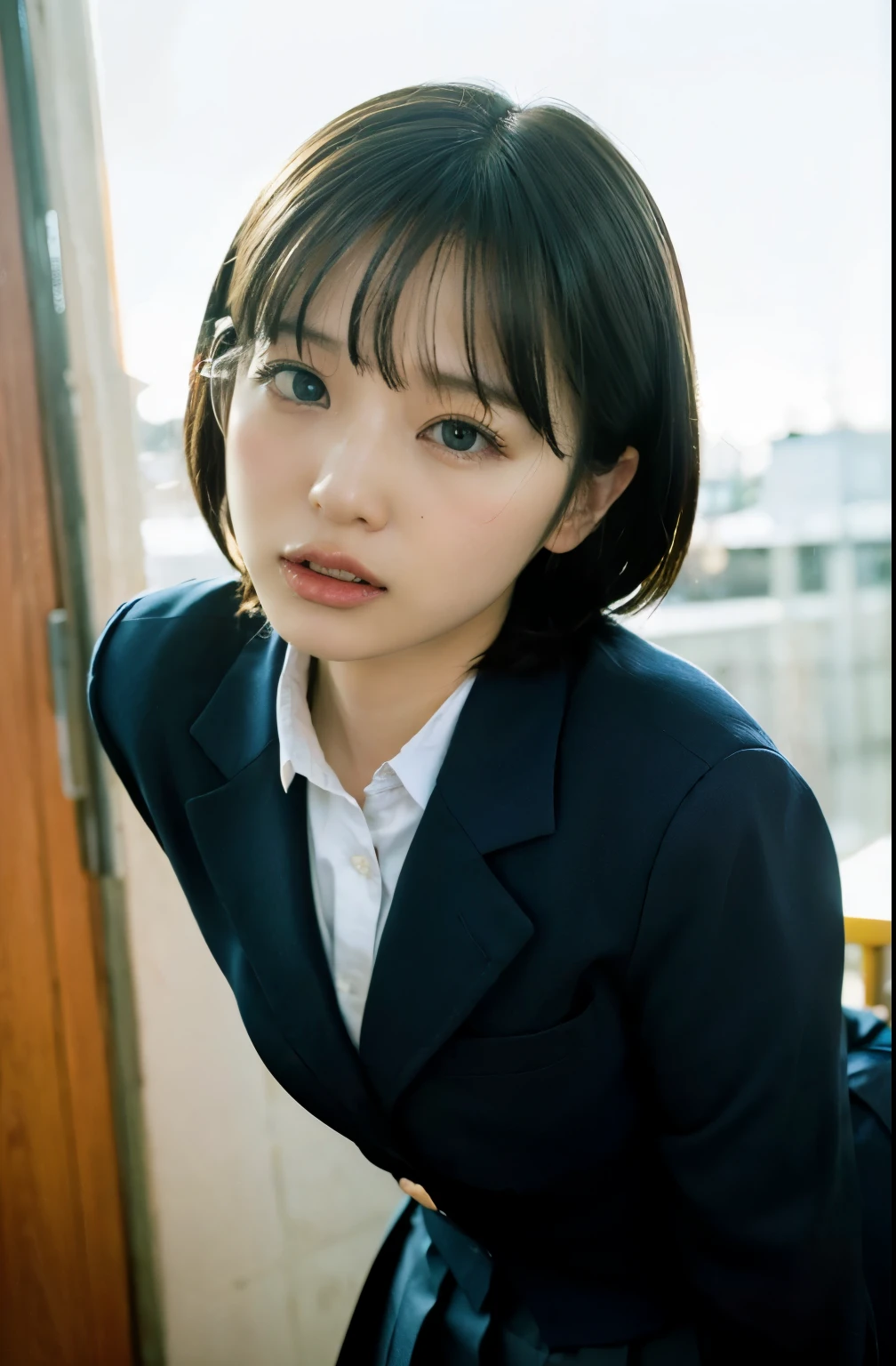 1girl,black-framed glasses,leaning forward,Perfect hands,panty pull,school uniform,shortcut hair,Navy blue blazer,pleated skirt,tongue out,Looking Down and Sleepy,school background,warm sunset lighting,bright and energetic atmosphere,detailed face,beautiful detailed eyes,beautiful detailed lips,extremely detailed eyes and face,long eyelashes,photorealistic,8k,best quality,masterpiece,highly detailed,vibrant colors,cinematic lighting,soft focus