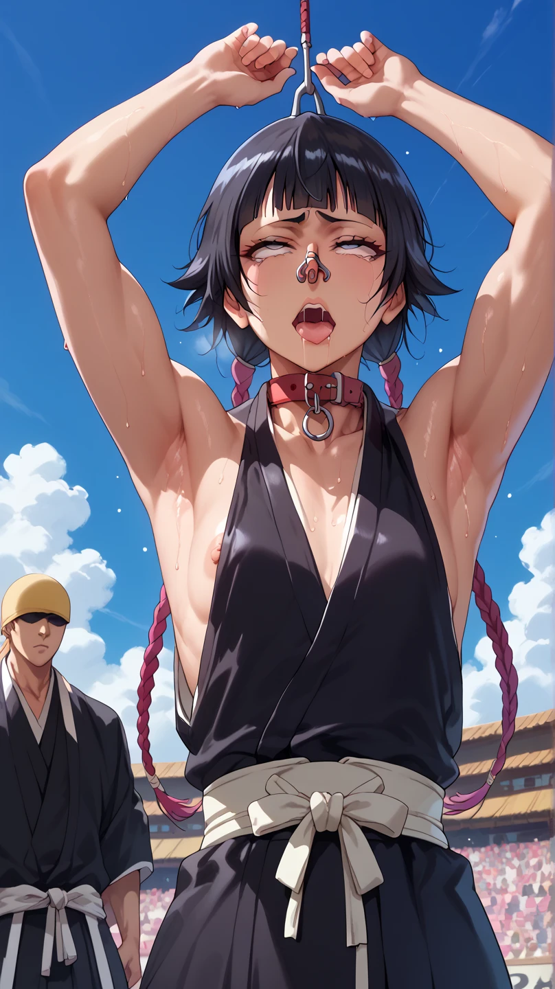 a picture, inspired by Kentaro Miura, trending on pixiv, soifon from bleach, black uniform, favorite scene, fine details, skins, sweating, small breasts, both hands raised, armpits, (small head),armpits visible, dripping with sweat, more more sweat, ((Japanese clothes)),open mouth,rolling eyes,muscle,kneel down,open legs,For the audience, (muscle:1.2),Looking at the audience, tired, (small breasts),sexy body,perfect body,(drooling), tears, head wet, runny nose, black hair, (dog collar) ,transparent nose hook.