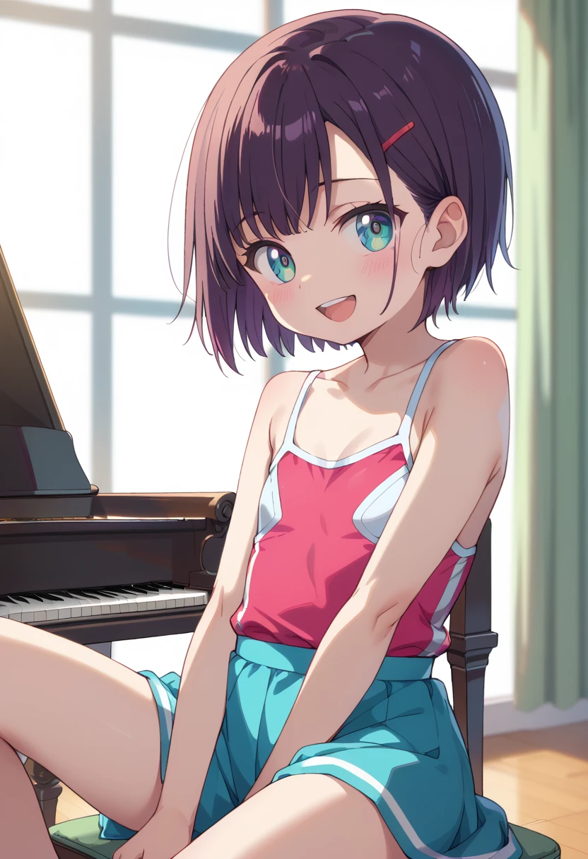 (( top quality )), ((masterpiece)), (be familiar with),  perfect face, indoor, bedroom,  Watching Viewers ,
One woman, Mikazuki Kan,
 open mouth,  ecstatic expression beside the piano, blush, smile,
 small ,  flat chest, Young girl, Lori,  kids,  girl,
Short Hair,  Shorthair,
Leg spread,