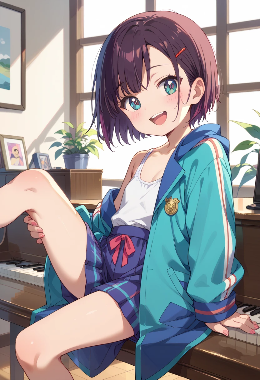 (( top quality )), ((masterpiece)), (be familiar with),  perfect face, indoor, bedroom,  Watching Viewers ,
One woman, Mikazuki Kan,
 open mouth,  ecstatic expression beside the piano, blush, smile,
 small ,  flat chest, Young girl, Lori,  kids,  girl,
Short Hair,  Shorthair,
Leg spread,