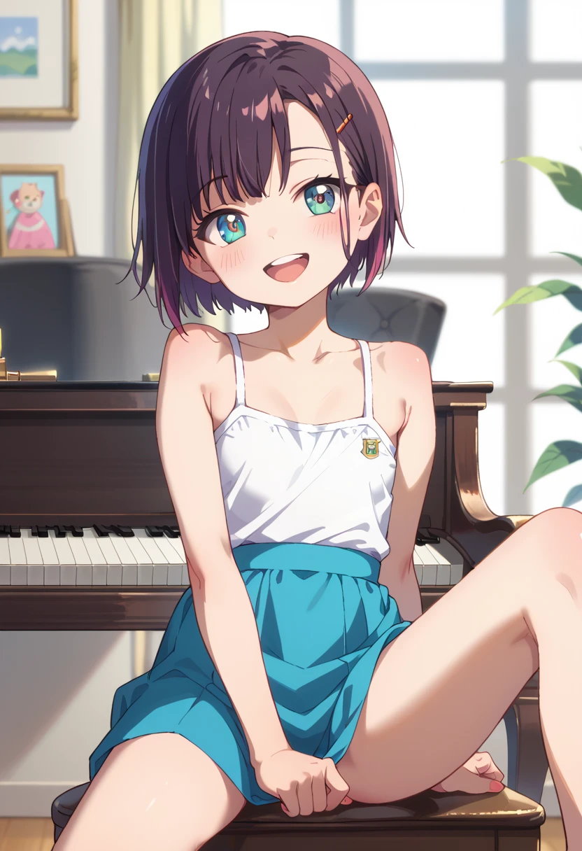 (( top quality )), ((masterpiece)), (be familiar with),  perfect face, indoor, bedroom,  Watching Viewers ,
One woman, Mikazuki Kan,
 open mouth,  ecstatic expression beside the piano, blush, smile,
 small ,  flat chest, Young girl, Lori,  kids,  girl,
Short Hair,  Shorthair,
Leg spread,