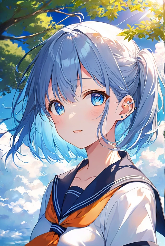 Highest quality,Highest quality,16K,Unbelievably absurd,Very delicate,２.５d,delicate and dynamic,blue sky,Small face,Very delicateな表情,Delicate eye depiction,Upper body close-up,Only sexy women,Healthy woman,-yeld fee,Sailor suit,Height: 160cm,Light blue bob hair,Sexy long legs,mini skirt