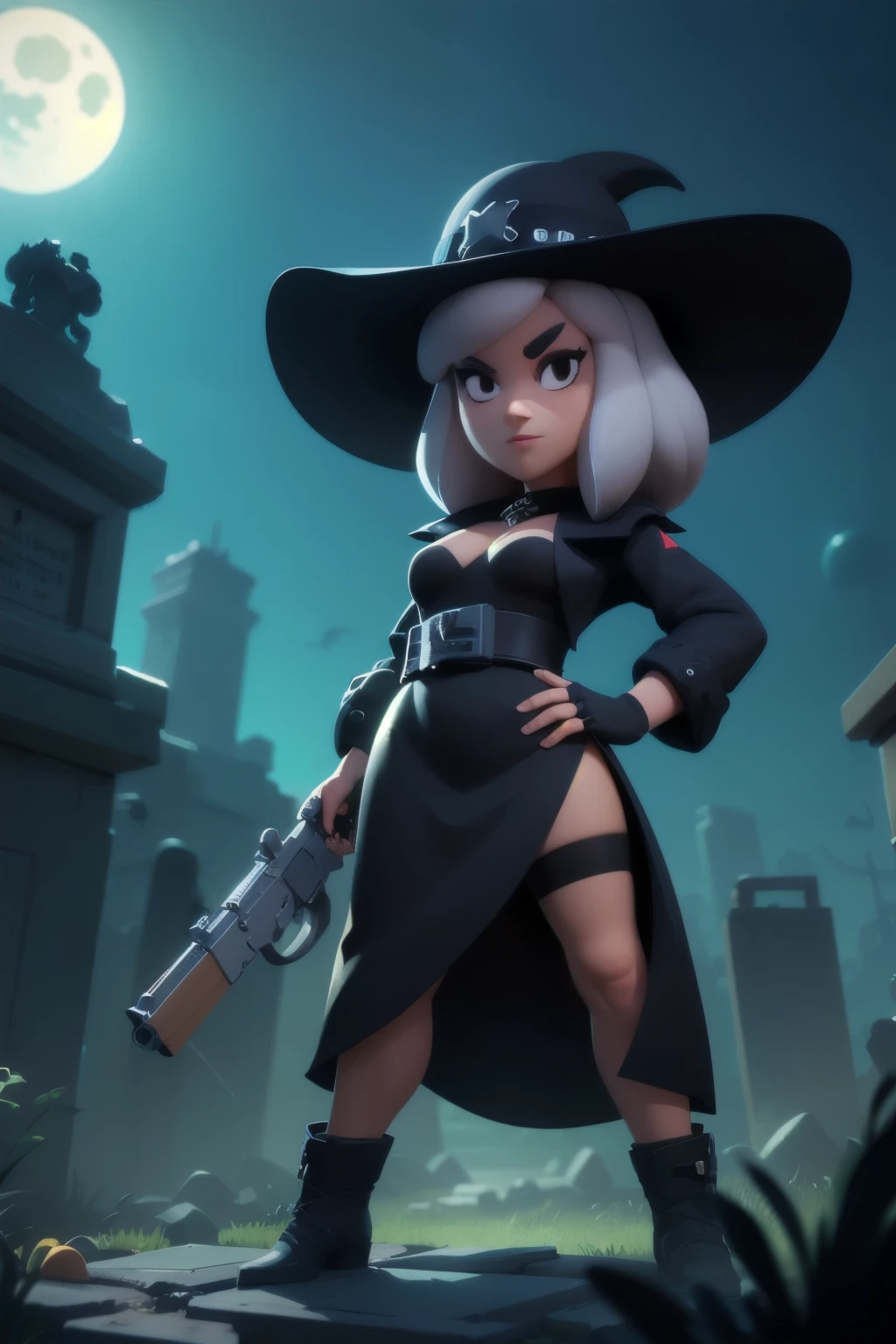 a full body close up of a person holding a gun and a flashlight, (( A hot vampire girl, woman in medieval black dress, HOT BODY, on cemitery under the moonlight.)) , brawl stars, splash art brawlstars, epic art style, blaster fire bright as neon, game character, in game style 8k, merged character, fortnite art style, stylized character, holding a blaster, slick clammy skin, clash royal style characters, mobile game style, new character