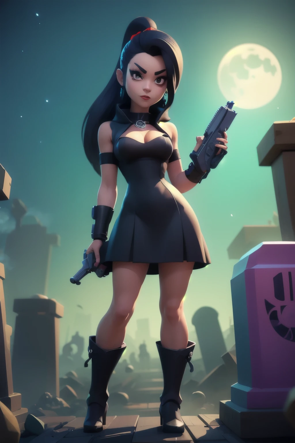 a full body close up of a person holding a gun and a flashlight, (( A hot vampire girl, woman in medieval black dress, HOT BODY, on cemitery under the moonlight.)) , brawl stars, splash art brawlstars, epic art style, blaster fire bright as neon, game character, in game style 8k, merged character, fortnite art style, stylized character, holding a blaster, slick clammy skin, clash royal style characters, mobile game style, new character