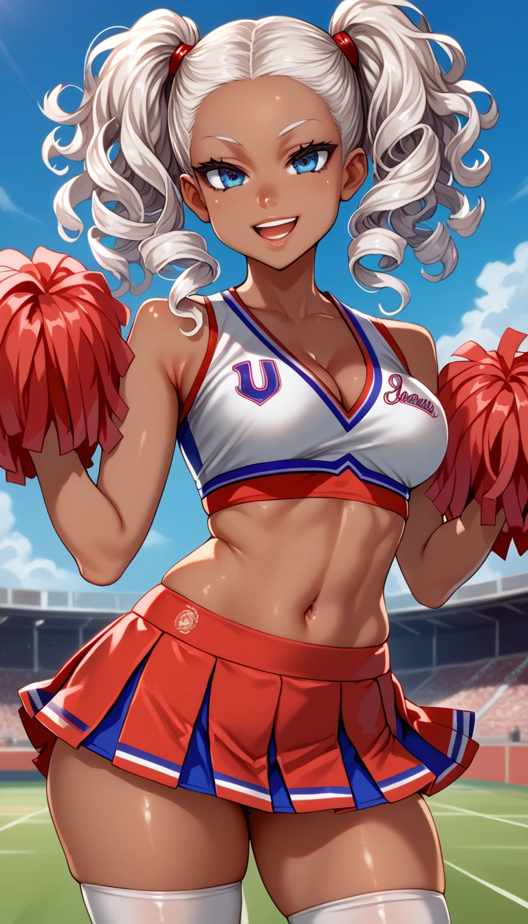 score_9,score_8_up,score_7_up,(source_anime),1girl, white hair, curly hair, parted bangs, dark skinned girl, very dark skin girl, long hair, low twintails, bare forehead, blue eyes, puffy lips, breasts, thighs, young girl, red cheerleader outfit, midriff, microskirt, cleavage, sports field, blue sky, smile, open mouth, shiny skin, (cowboy shot), body upclose, standing