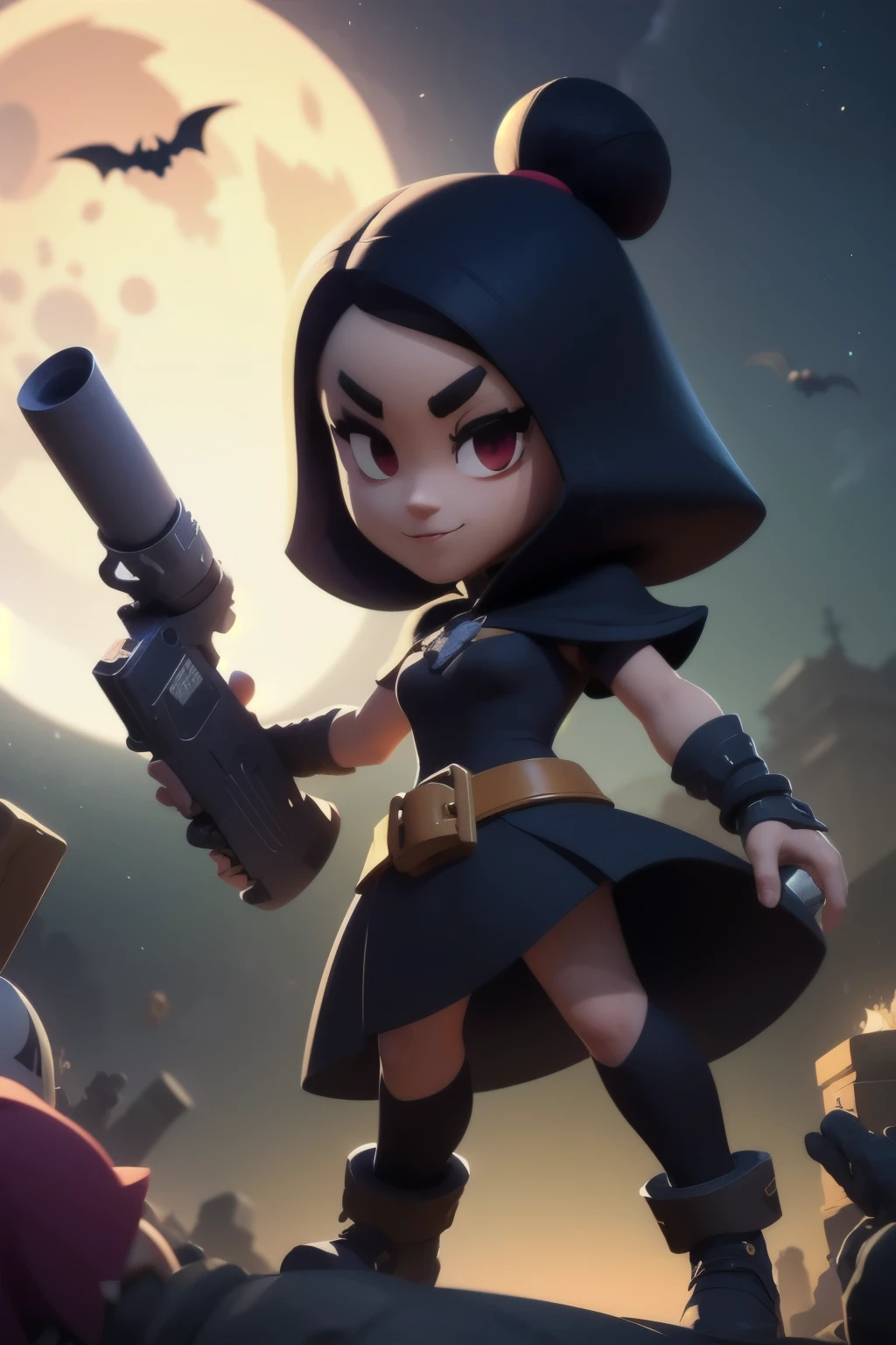 a full body close up of a person holding a gun and a flashlight, (( A hot vampire girl, woman in medieval black dress, HOT BODY, on cemitery under the moonlight.)) , brawl stars, splash art brawlstars, epic art style, blaster fire bright as neon, game character, in game style 8k, merged character, fortnite art style, stylized character, holding a blaster, slick clammy skin, clash royal style characters, mobile game style, new character