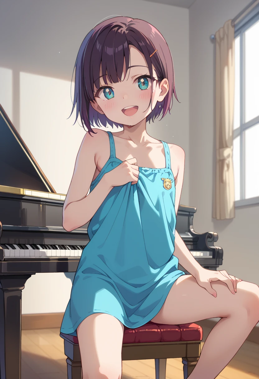 (( top quality )), ((masterpiece)), (be familiar with),  perfect face, indoor, bedroom,  Watching Viewers ,
One woman, Mikazuki Kan,
 open mouth,  ecstatic expression beside the piano, blush, smile,
 small ,  flat chest, Young girl, Lori,  kids,  girl,
Short Hair,  Shorthair,
Leg spread,