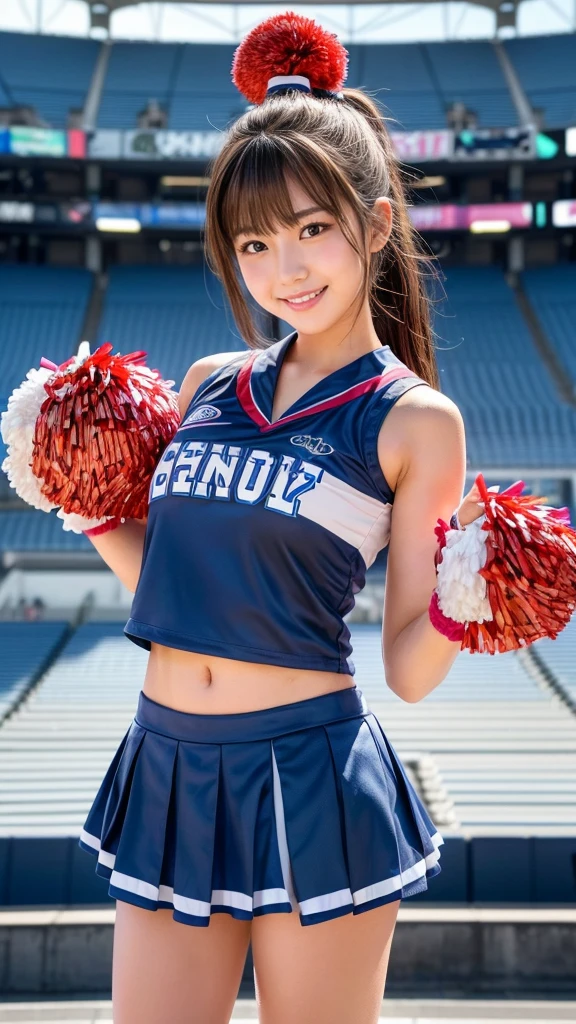 masterpiece, Highest quality, Very detailed, High resolution, (Realistic, photoRealistic:1.37), Excellent anatomy, One beautiful woman, 18-year-old, Height: 152cm, Cheerleader, (Holding a pom-pom in both hands:1.5), A small smile, cheer leading, Cheerleader uniform, (shape), Micro Pleated Mini Skirt, No underwear, ((Very delicate and beautiful)), ((Stadium Background:1.2)), Brown Hair, Long Hair, bangs, Very beautiful face, Cute type, Big Natural Color Lip, Small and cute nose, Big and pretty eyes, Brown eyes, Obvious double, Shiny highlight spots around the eyes, Character Focus, Tilt your head, The best light, Best Shadow, mysterious, Perfect Face, Very detailed, Soft Skin, (Glowing Skin, Sweaty: 1.2), Beautiful feet, Voluptuous thighs, Plump body, Huge breasts, (Expresses the roundness and softness of the chest area.........1), Beautiful body, (The perfect woman), Spread your legs, ((Provocative dynamic pose)), Skirt flip, (Spreading pussy:1.5)