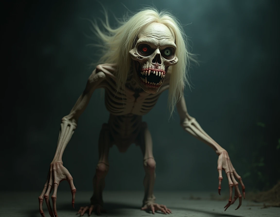 cinematic film still of  <lora:Cryptkeeper style v1:0.9>
Ghoul Mythical creature Cryptkeeper a 3d - printed zombie with a head and legs, solo, looking at viewer, simple background, 1boy, standing, full body, male focus, nude, bald, ribs, horror (theme), realistic, realistic, realism, photorealism, hyperrealism, hyperrealistic, realistic, sharp, detailed, cinematography style, film light style, movie still, professional photography, artistic, perfection, contrast, cinematic, filmic, high quality photo, 8k quality, colorful, photography style, horror themed, Anthology Black comedy Dark fantasy Horror, tales from the crypt style, blue eyes, pointy ears, gradient background, blood, full shot, detailed, shallow depth of field, vignette, highly detailed, high budget, bokeh, cinemascope, moody, epic, gorgeous, film grain, grainy