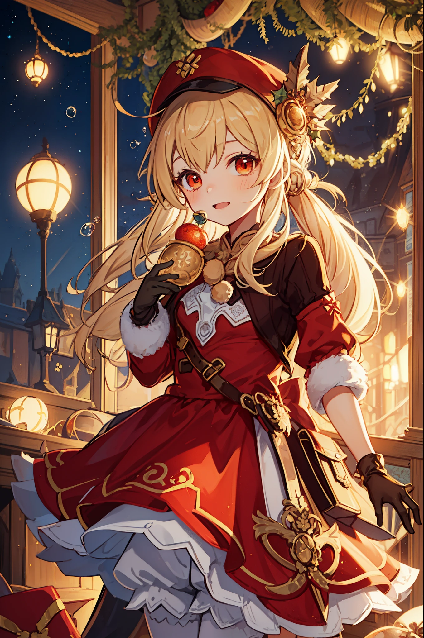 Girl, charming,gorgeous,In Love ,sacred,( Christmas padded jacket,Warm clothing,Little bubble skirt ),blond,klee, red eyes, Minimalism , Multi-layer exquisite ruffles ,Lots of Lace,( Lines on clothes :1.2),( Exquisite clothing :1.1),(Multi-layer Skirt ),Princess Crown, Perspective tulle garment , Beautiful detailed face , Bedroom scene in Western mythology, movie lights ,night,Single, Metallic Decoration ,lace,(shine:1.2), ( Best Quality ), (masterpiece:1.2)