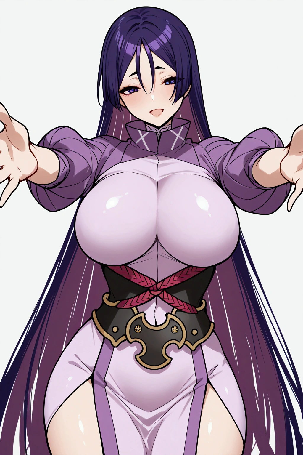 Solo, girl, Minamoto no raikou, minamoto outfit, long straight hair, purple hair, large soft and firm breasts, maternal look, thin waist, perfect hips, feminine position, open arms, waiting for a hug, affectionate smile, violet eyes, long straight hair, happy open mouth, tall,   perfect scene , Masterpiece, score 9, anime colors, AMERICAN SHOT, beautiful, composition, HARMONY, high quality ,beautiful