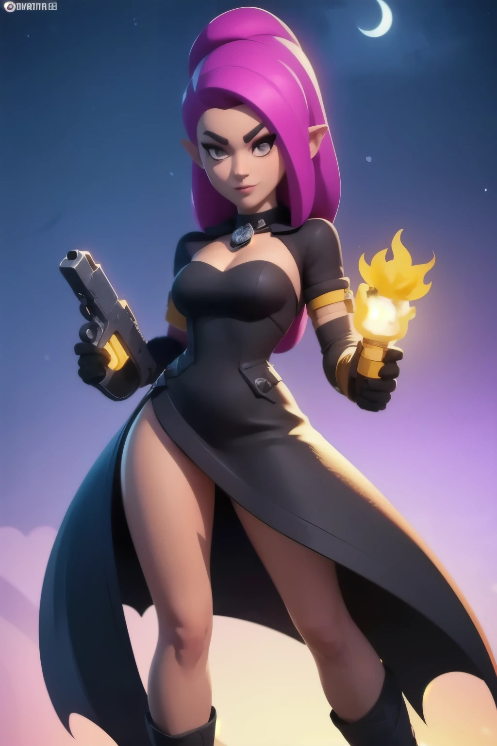 a full body close up of a person holding a gun and a flashlight, (( A hot vampire girl, woman in medieval black dress, HOT BODY, on cemitery under the moonlight.)) , brawl stars, splash art brawlstars, epic art style, blaster fire bright as neon, game character, in game style 8k, merged character, fortnite art style, stylized character, holding a blaster, slick clammy skin, clash royal style characters, mobile game style, new character