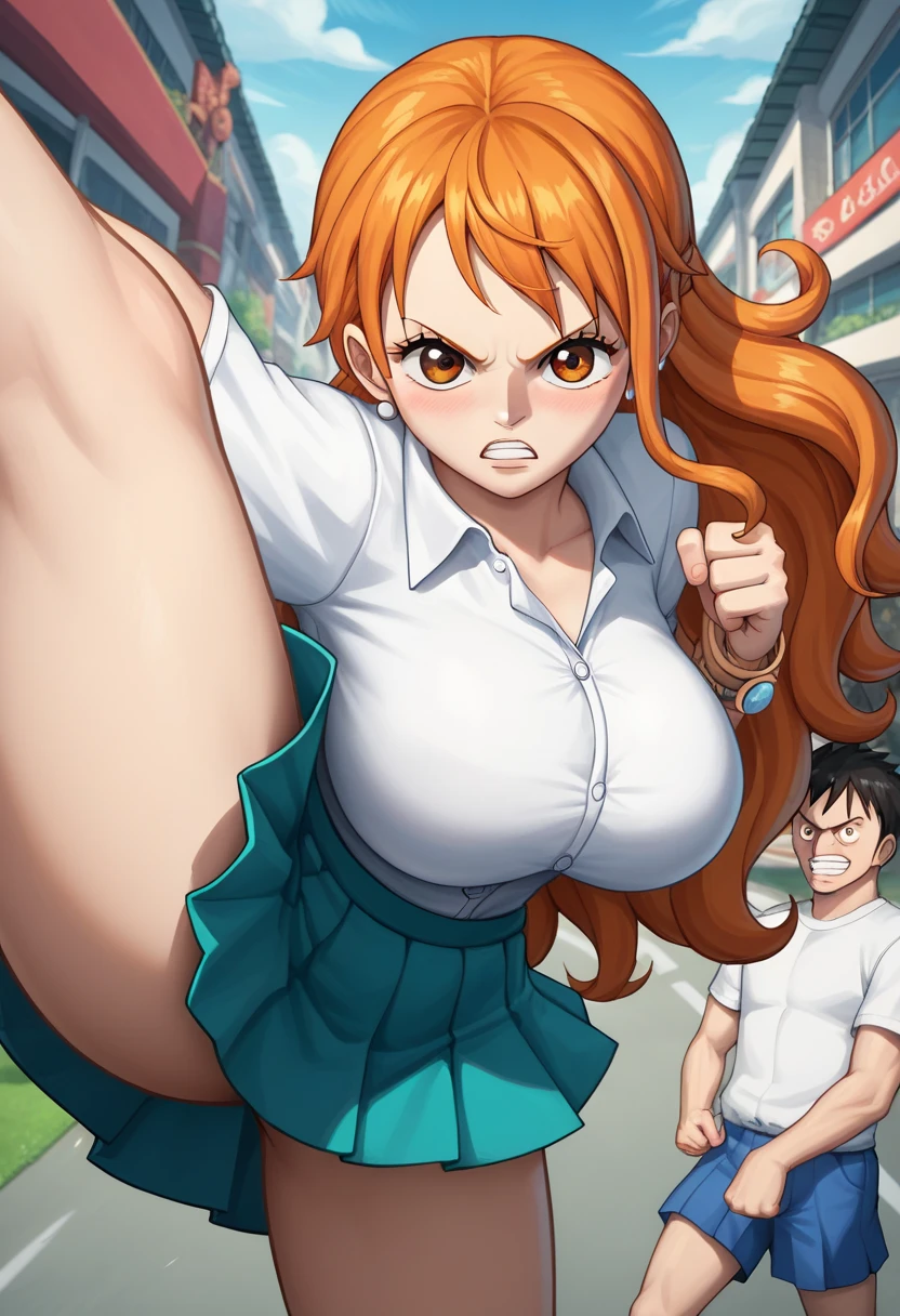 score_9, score_8_up, score_7_up, source_anime, best quality, clear face, Nami, orange hair, orange eyes, long hair, large breasts, perfect body, looking at viewer,embrassed cute pissed,serius ,watered eyes, china d, dynamic angle,blushing,embrassed,big boob, white shirt and mini blue pleated skirt,bending over,big sexy thighs,o,on the street,lot of evil boys with big bulges looking at her covering crotch,lKicking At Viewer PO,Kicking At Viewer POv,kick,fight,kicking 
