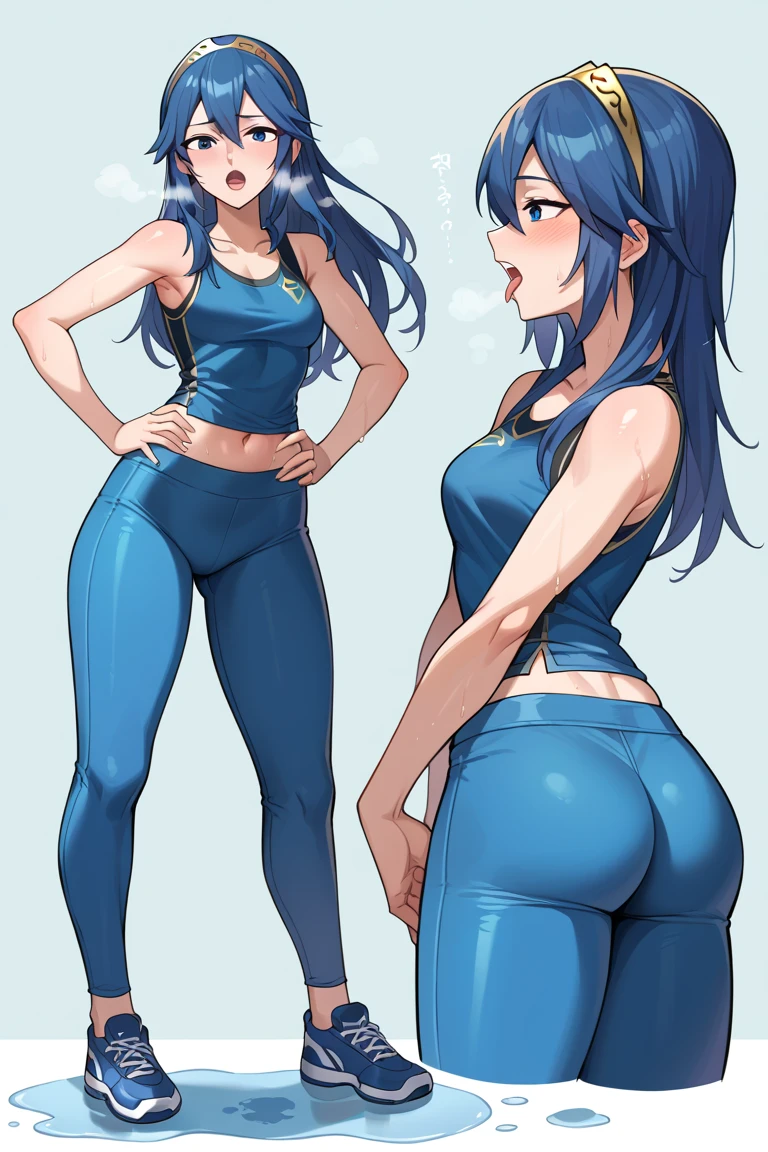 score_9, score_8_up, score_7_up, score_6_up, source_anime BREAK 1girl,  Lucina, dark blue tanktop, blue yoga pants, blue shoes, hands on hips, open mouth, out of breath, sweaty, sexy, exhuasted, steam coming out of her mouth, full body, puddle of sweat