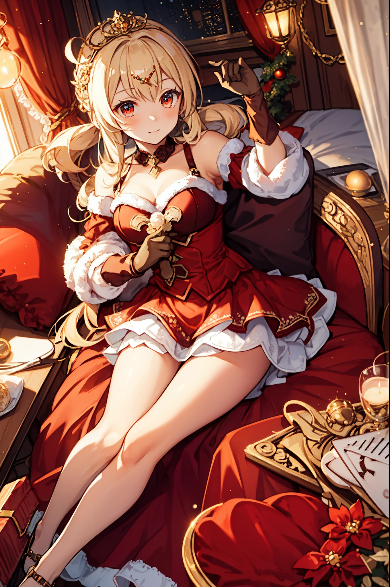 ******* Girl， charming，gorgeous，In Love ，sacred，( Christmas padded jacket，Warm clothing，Little bubble skirt )，blond，klee， red eyes，  Minimalism  ， Multi-layer exquisite ruffles ，Lots of Lace，( Lines on clothes :1.2)，( Exquisite clothing :1.1)，(Multi-layer Skirt ),Princess Crown， Perspective tulle garment ， Beautiful detailed face ， Bedroom scene in Western mythology， movie lights ，night，Single， Metallic Decoration ，lace,(shine:1.2), ( Best Quality ), (masterpiece:1.2)