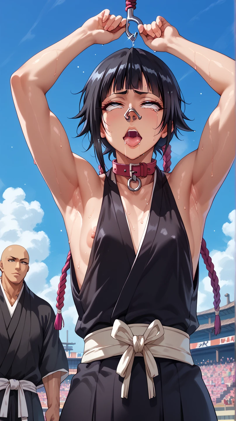 a picture, inspired by Kentaro Miura, trending on pixiv, soifon from bleach, black uniform, favorite scene, fine details, skins, sweating, small breasts, both hands raised, armpits, (small head),armpits visible, dripping with sweat, more more sweat, ((Japanese clothes)),open mouth,rolling eyes,muscle,kneel down,open legs,For the audience, (muscle:1.2),Looking at the audience, tired, (small breasts),sexy body,perfect body,(drooling), tears, head wet, runny nose, black hair, (dog collar) ,transparent nose hook.