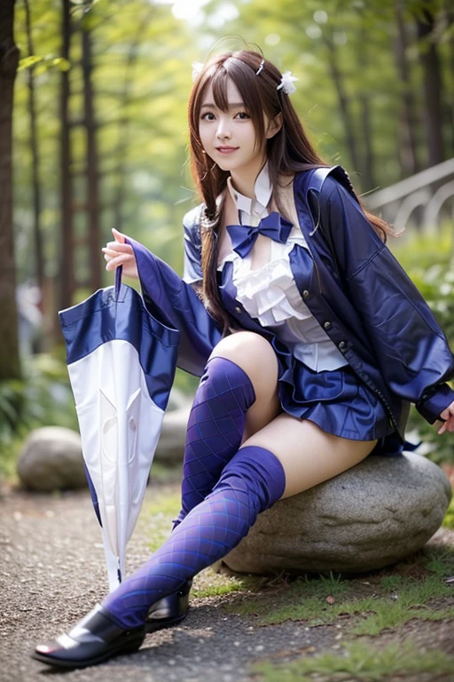 Cosplayers in purple and blue costumes sit on a stone, anime girl cosplay, Japanese model cosplay  , Gorgeous cosplay, looking at camera、 Detailed Beautiful Eyes 、 cute smile、 a soft and gentle expression 、The background is a deep forest