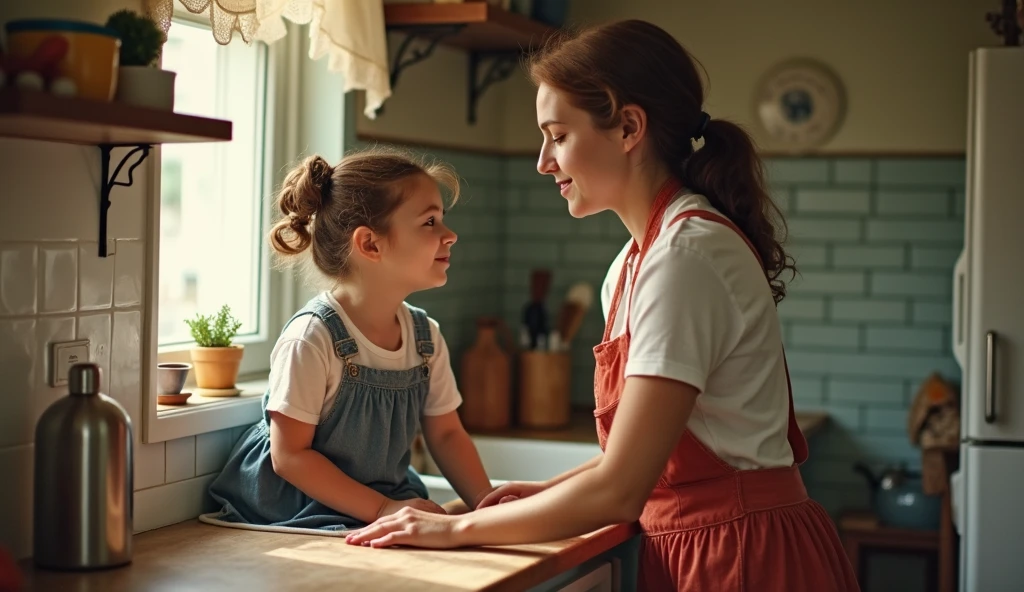 A 10-year-old red-haired girl watching her father cook