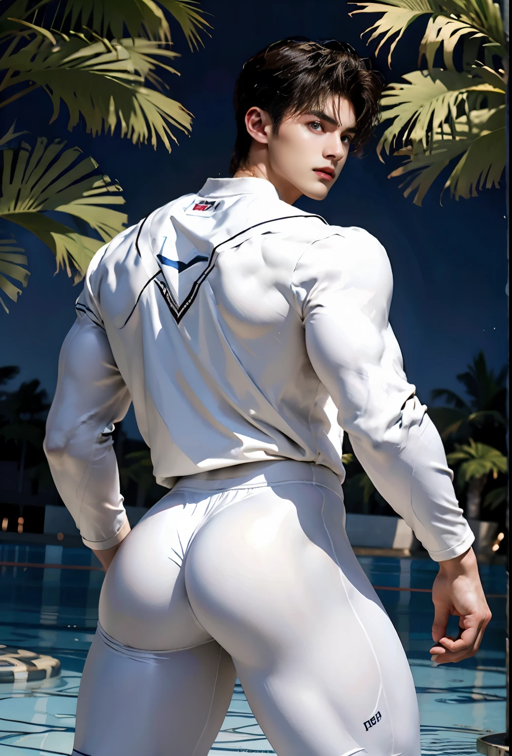 watercolor, a guy swims in a lake in the light of the moon, spreads the buttocks of a 17-year-old Brazilian boy, wearing tight slips with a large protruding convex codpiece. Muscular, with round, firm, perfect buttocks, Aesthetic, erotic, beautiful, in the style of Caravaggio