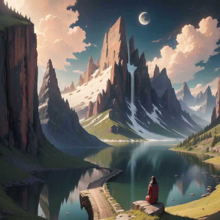 mountains and a lake with a moon in the sky, fantasy,  Digital art , epic landscape --auto