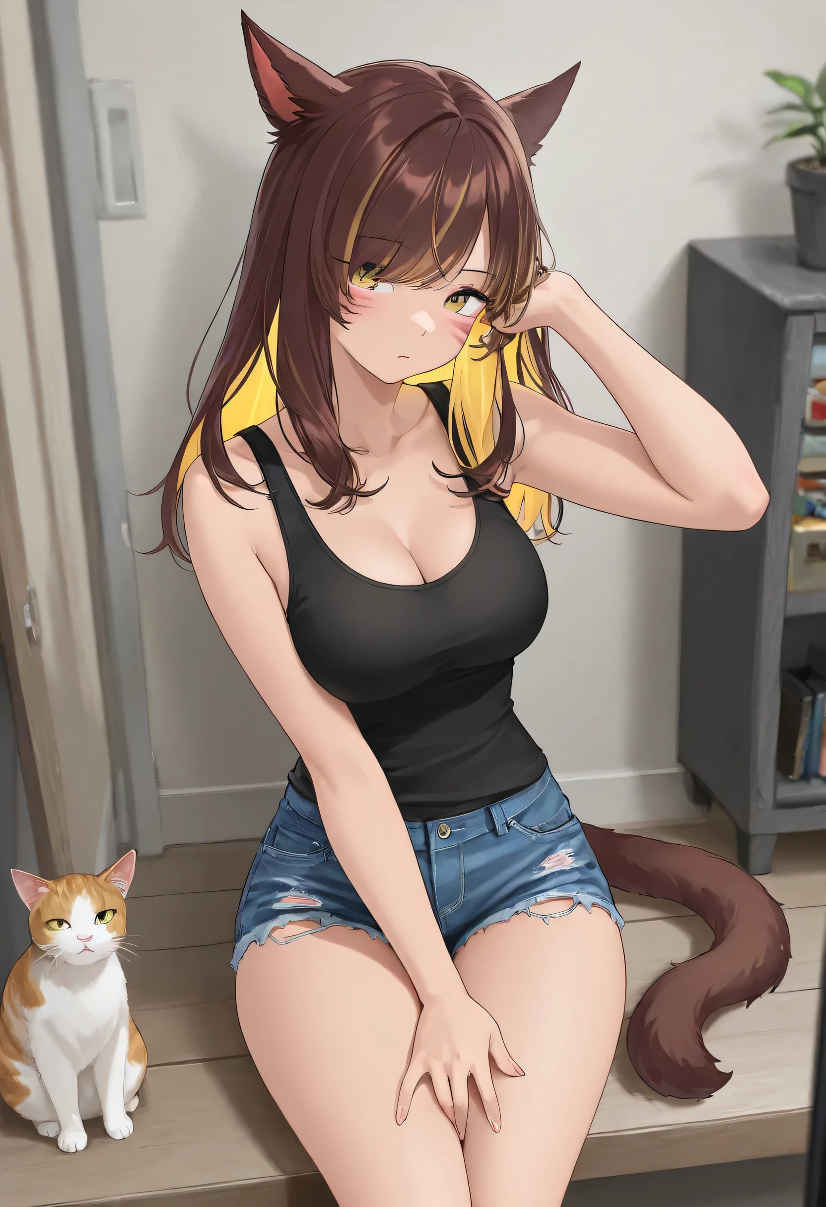 masterpiece,1girl, colored inner hair Brown hair Yellow hair, cat_ears, , inner tank top, Hair on one eye, Long hair tips, Miqo'te, damage short denim 