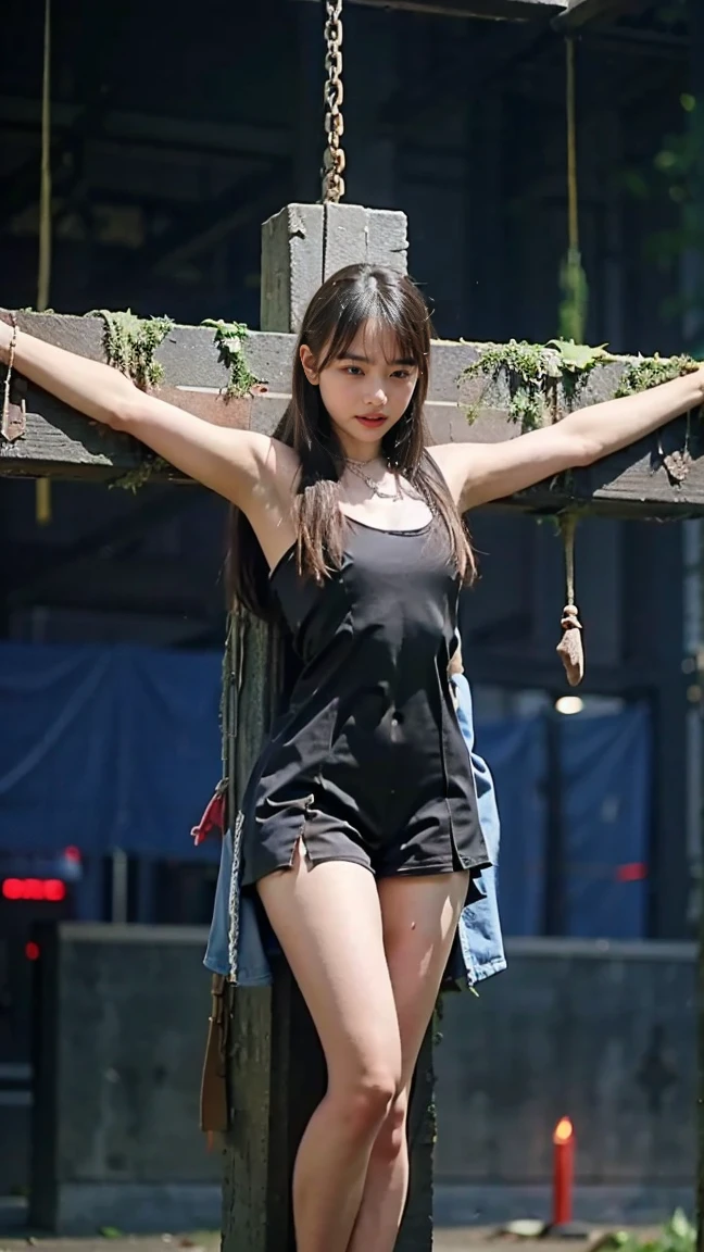 ,((Wearing a torn sheer costume of a superheroine)),(, No bra)), Wet crotch, Wet thighs, Beautiful girl with accentuated slender abs: 1.4, (((nipple tips protruding, areola is protruding, The shape of the pubic region is clearly visible)), sixpack abs: 1.4, Bust Botox, Photo, Sharpness, Unique 850 4, Koda850 k portrait camera, F1.6 shots, Ultra-realistic textures, Spectacular light textures, Cinestil 800 Fashion Mechanics, (futuristic sci-fi battle fashion: 1.1), (tied perfectly by chain), Restraint, Slaves, collars, ((wide prison with sunlight)), Dark fantasy, Realistic material details, extreme hight detail, Ultra-realistic materials ((Torn costume))), Wet, Cloudy, (Chained)), ((big emphasized by chains)), ((chains digging into crotch)), ( (Collar)), (, No bra), shredded costumes, broken golden shields and battle spears,, White combat gloves, Combat shoulder armor, Blood splattered on the face, Blood splattered, Realistic, (Bruises, Dirty, ripped clothing, skimpy clothing, Blood: 1.3), Torn Cape, Torn pantyhose, Long legs, ((iron pipe in the crotch)), Metallic shackles and fetters, ((chains hung from heaven)), Wet crotch is clearly visible, Swarovski's sword and the anatomy beneath his feet, (futuristic sci-fi battle fashion, Torn mesh stockings),Squat on the beach